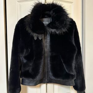 Blank NYC faux fur & leather coat / jacket with buckle and snap details